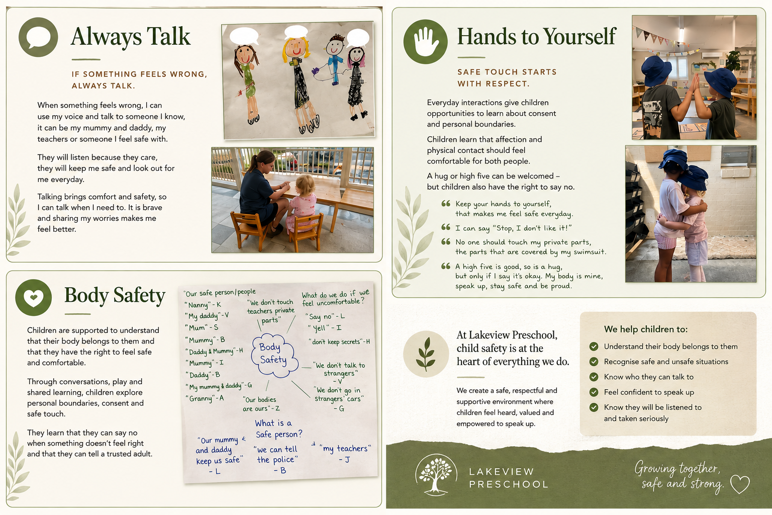 A Lakeview Preschool child's supervision plan showing their ideas about safe play and educator supervision